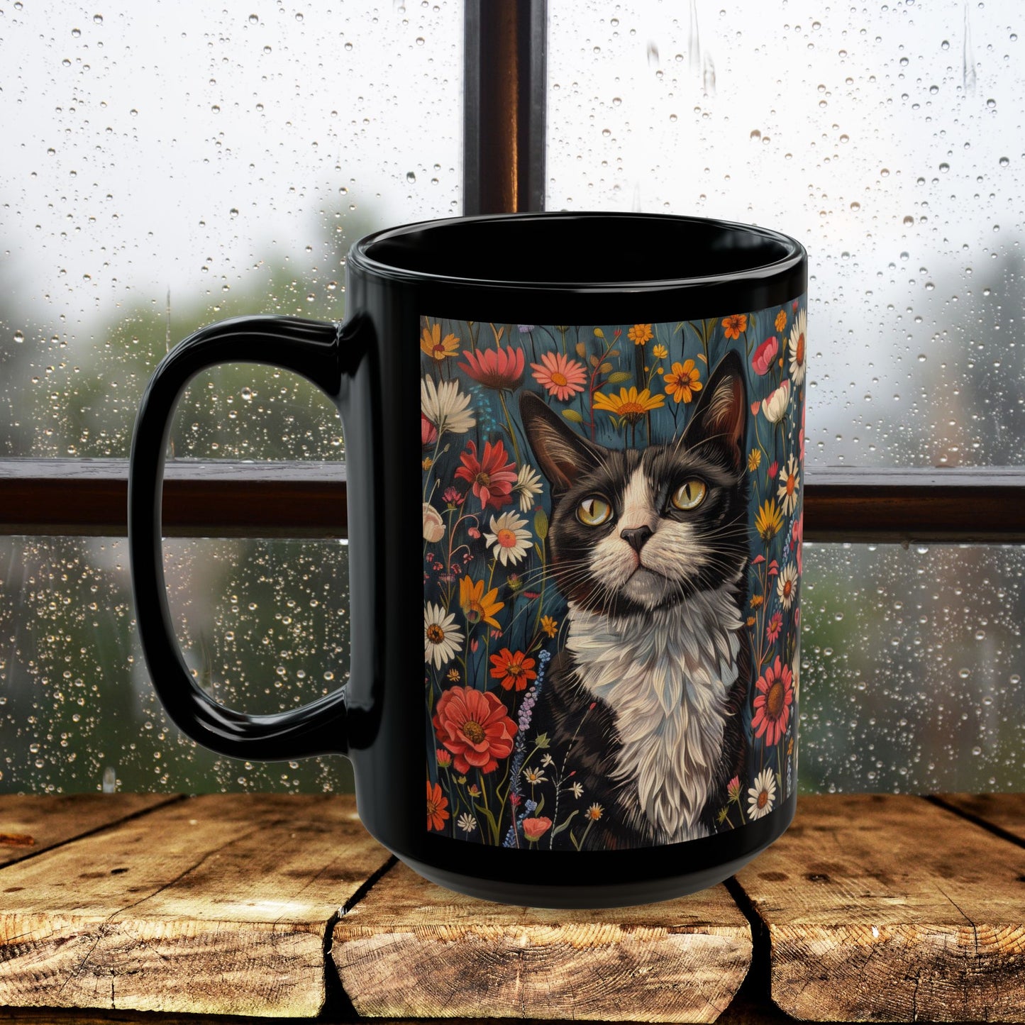 Tuxedo Cat Floral Mug, Vintage Botanical Cat Coffee Mug, William Morris Inspired Black Ceramic Mug 11oz & 15oz