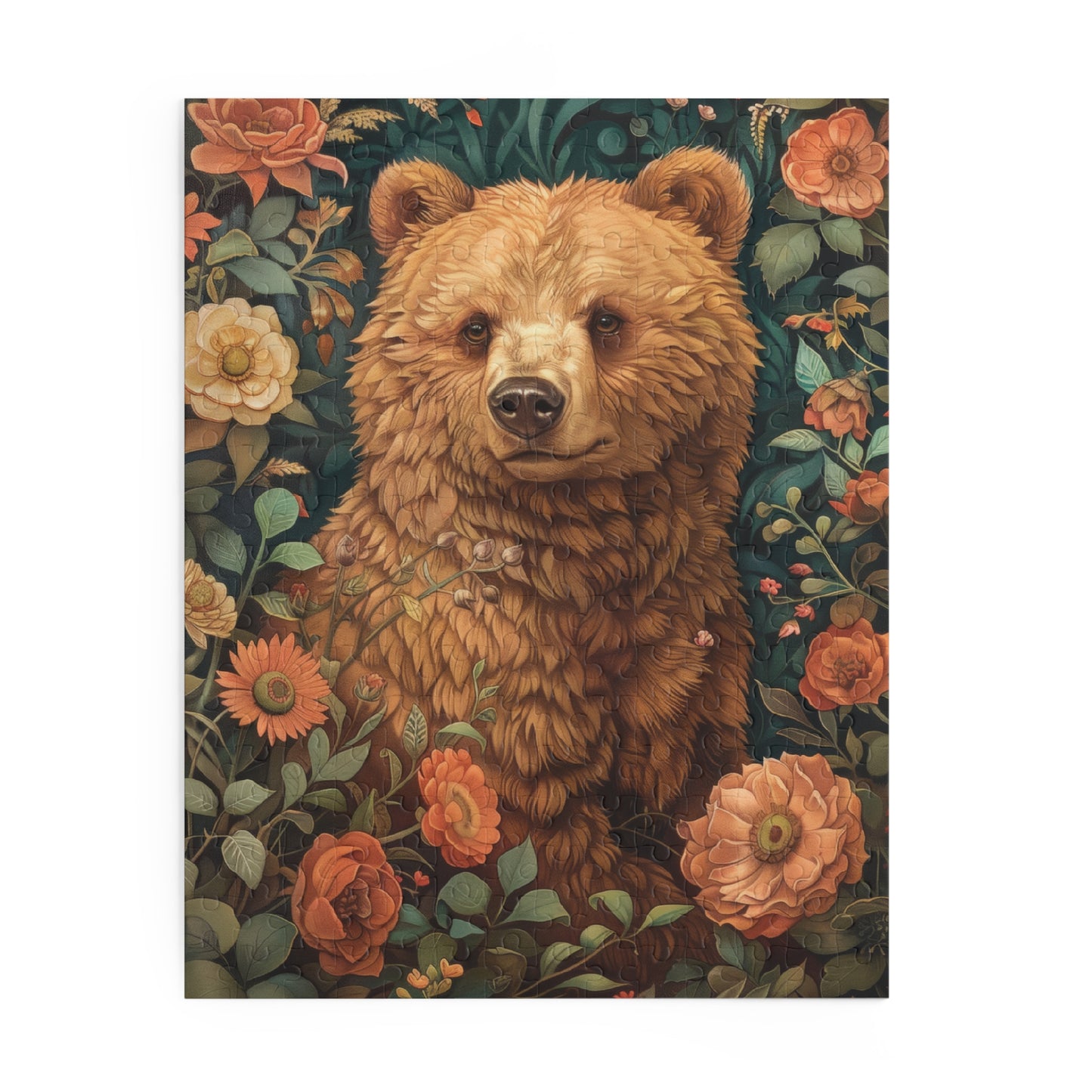 William Morris Inspired Brown Bear Wildflowers Puzzle Box (120, 252, 500-Piece) Family Jigsaw Puzzle, Puzzle Box Gift
