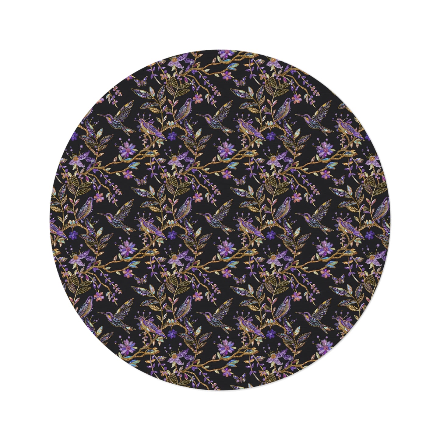 Purple Crystal Hummingbird Embroidery Seamless Pattern Round Area Rug