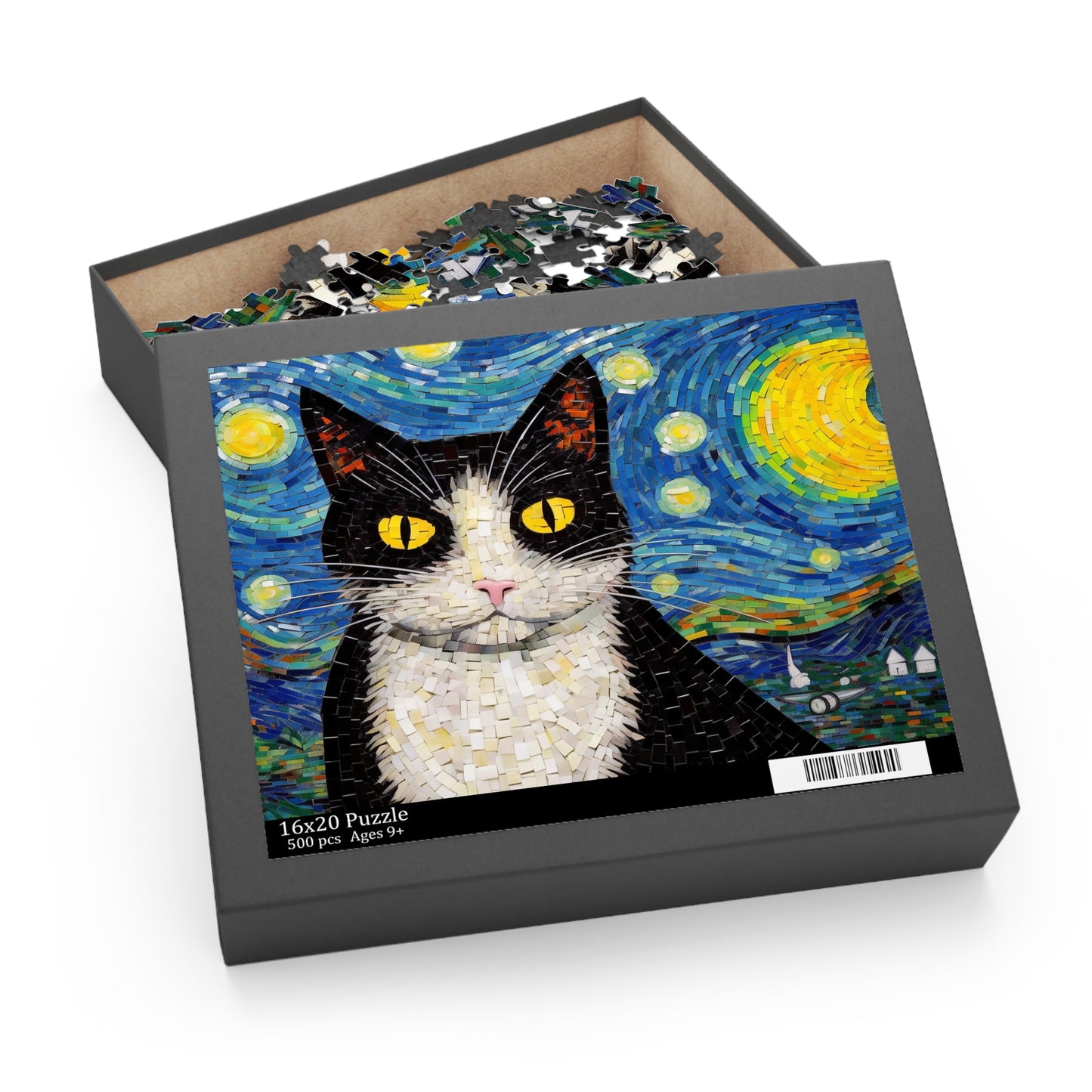Tuxedo Cat The Starry Night Puzzle Van Gogh  (120, 252, 500-Piece) Gift-Ready Box, Adult Jigsaw Puzzle