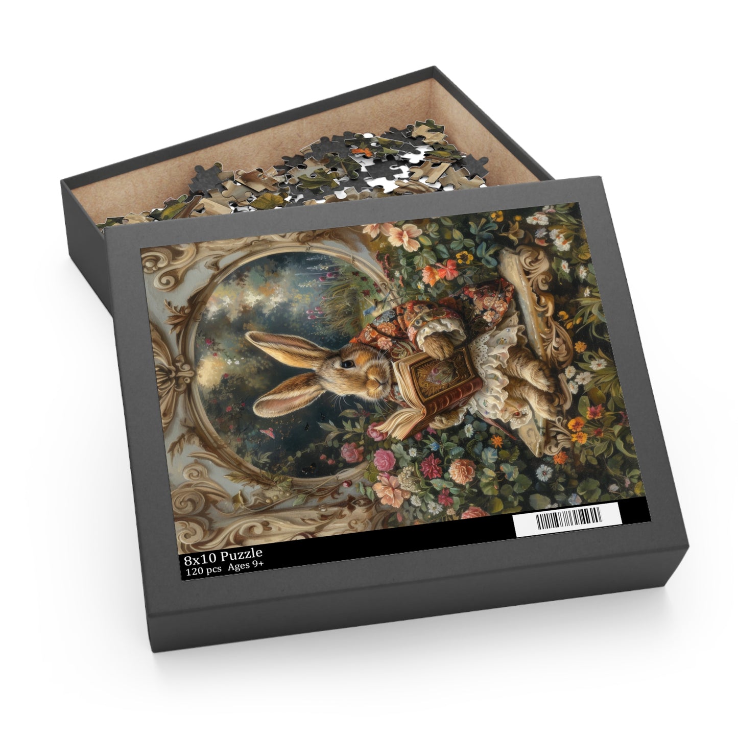 William Morris inspired Rococo Bunny With Vintage Book Jigsaw Puzzle Box (120, 252, 500-Piece) Family Jigsaw Puzzle, Puzzle Box Gift