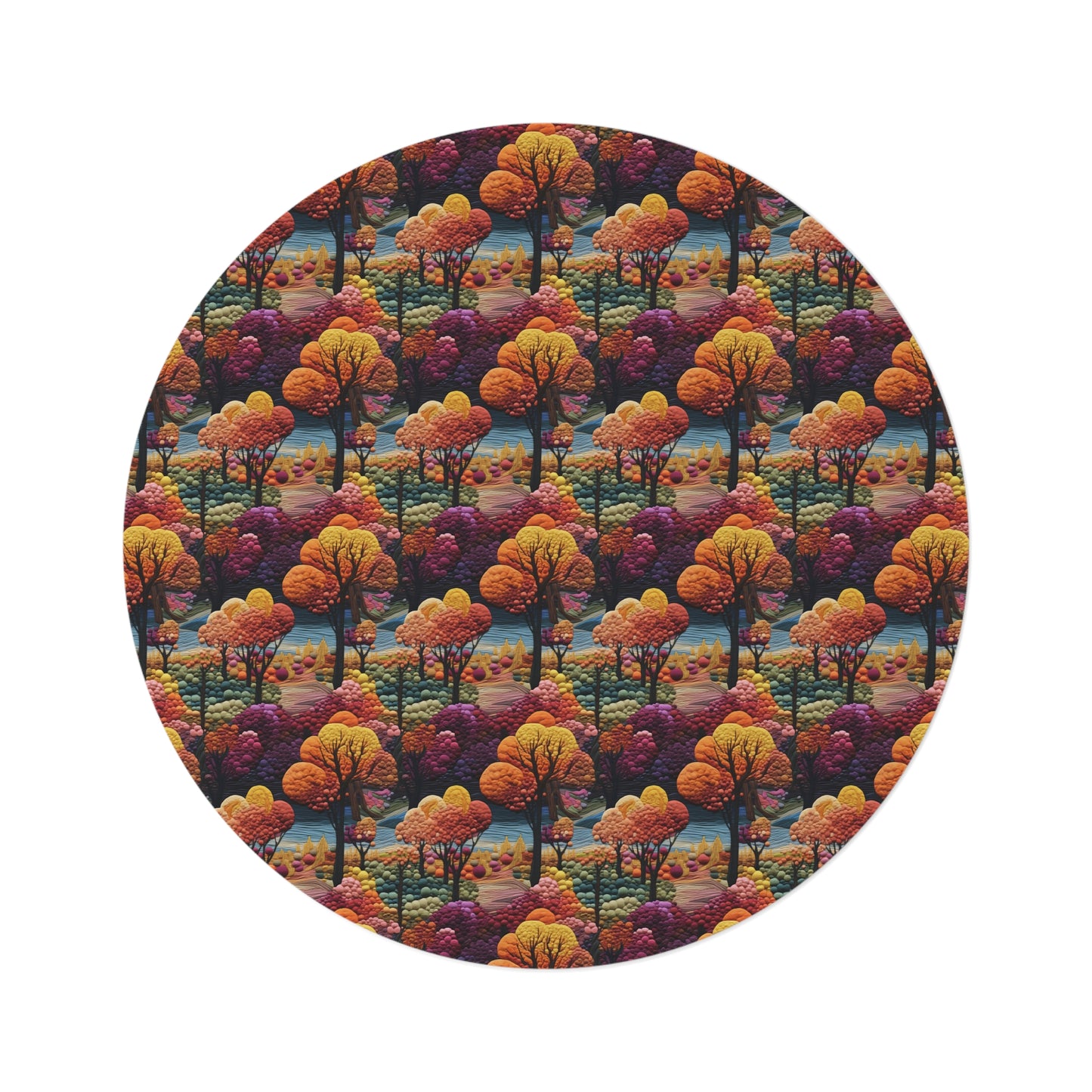 Fall Autumn Embroidery Seamless Pattern Round Area Rug,  Housewarming Gift