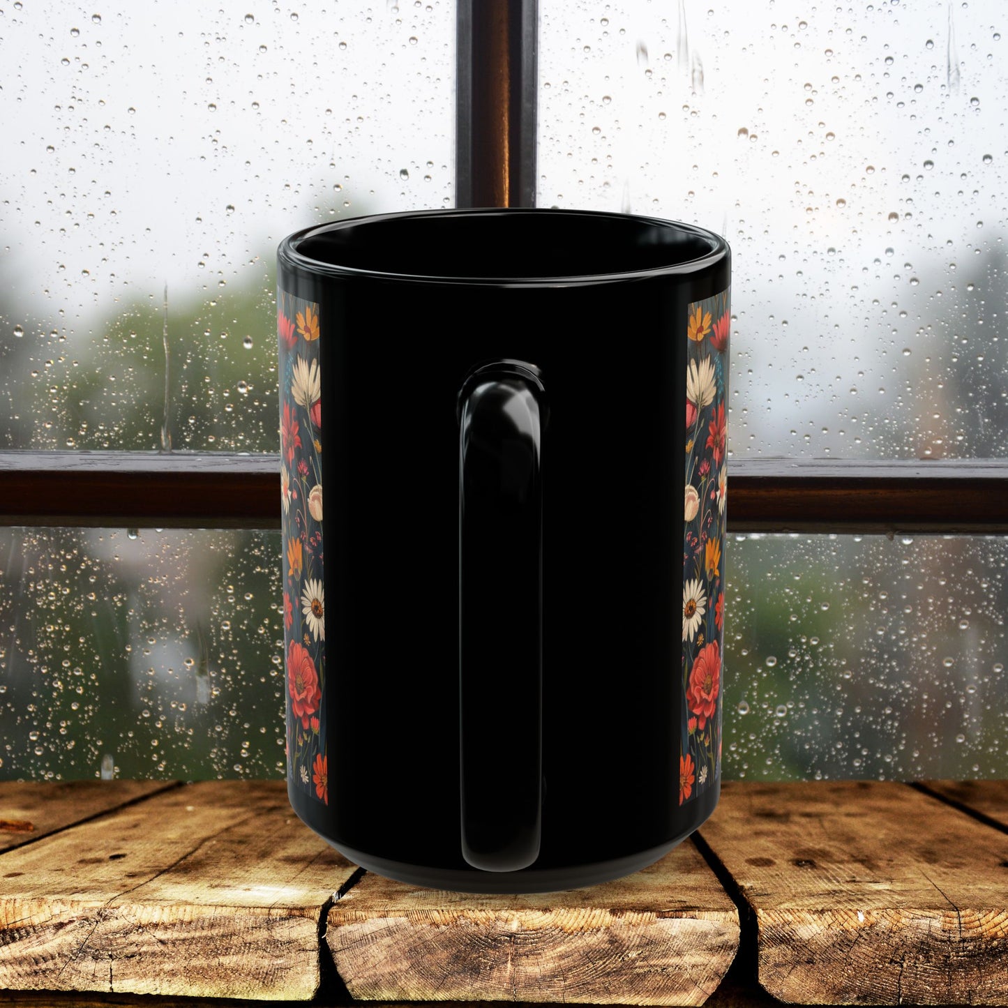 Tuxedo Cat Floral Mug, Vintage Botanical Cat Coffee Mug, William Morris Inspired Black Ceramic Mug 11oz & 15oz