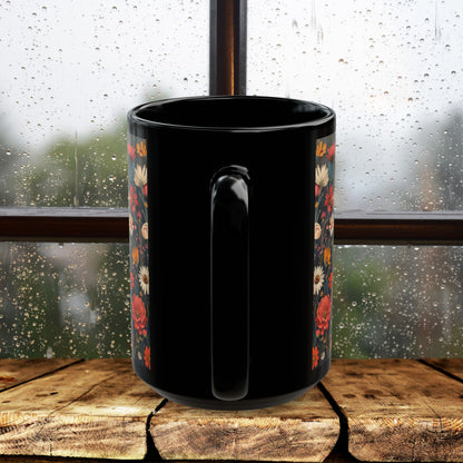 Tuxedo Cat Floral Mug, Vintage Botanical Cat Coffee Mug, William Morris Inspired Black Ceramic Mug 11oz & 15oz