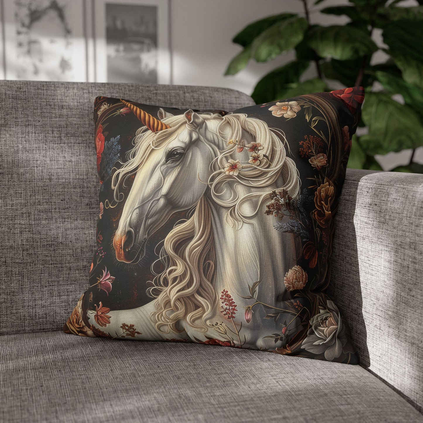 White Unicorn Botanical William Morris Inspired Victorian Pillowcase, Home Decor, Spun Polyester Square Pillowcase