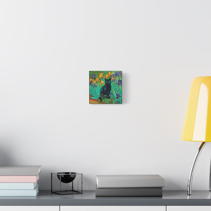 Black Cat Among Irises, Vibrant Floral Canvas Wall Art, Matte Stretched Canvas 1.25"