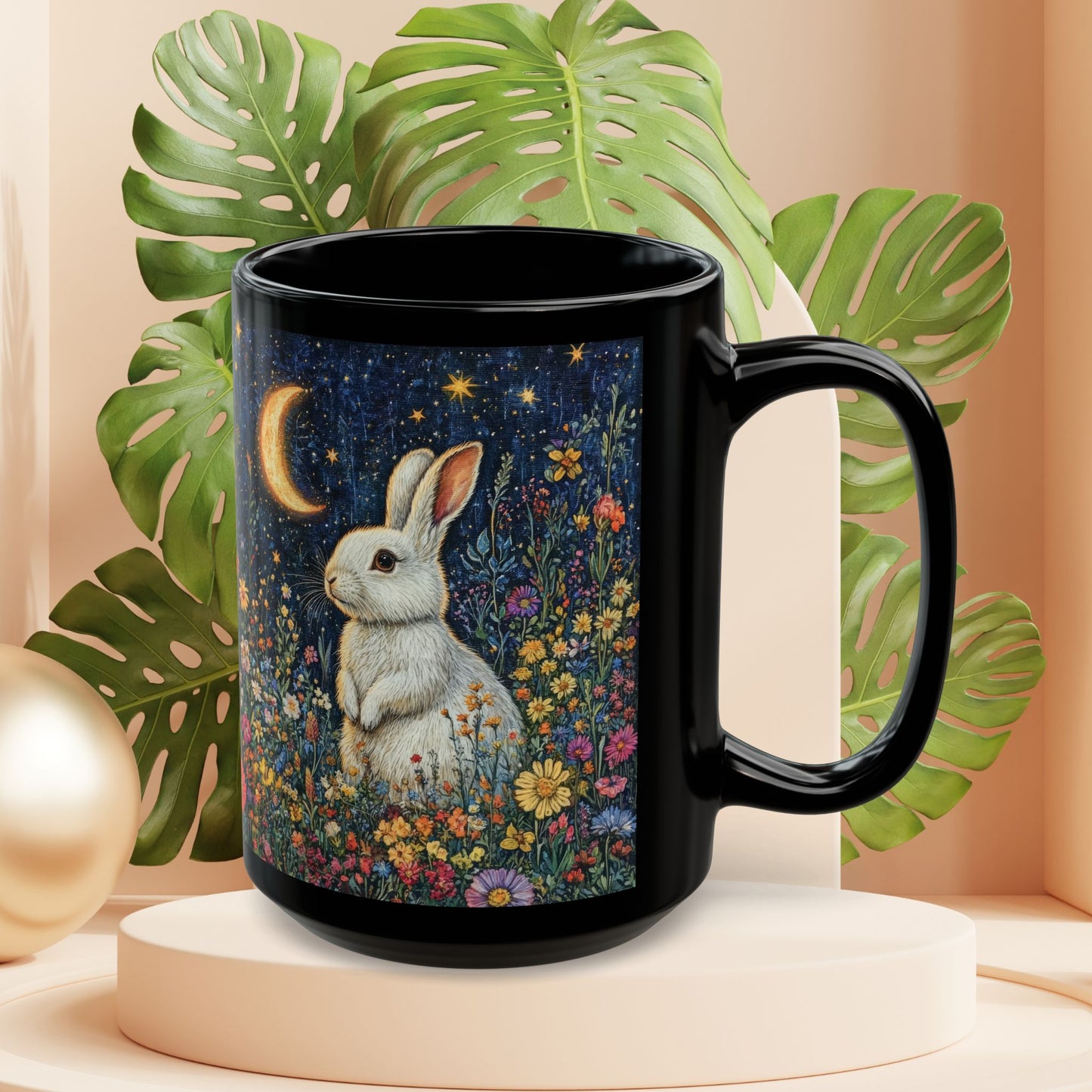 Rabbit Moon Wildflower Mug: Enchanting Bunny Coffee Cup