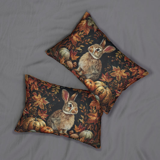 William Morris Inspired Bunny Pumpkins Fall Leaves Lumbar Pillow, INSERT INCLUDED | Cottage-core Home Decor, Decorative Pillow