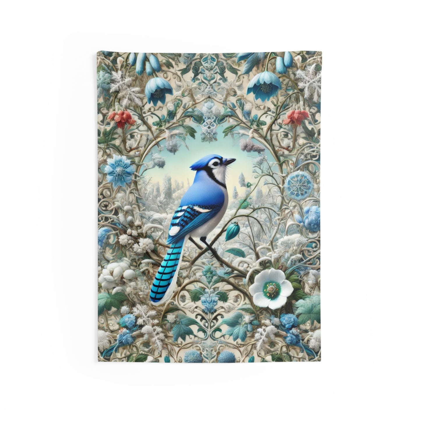 Tapestry of Blue Jay Winter Flower Garden William Morris Inspired Hanging Bird Florals Home Decor