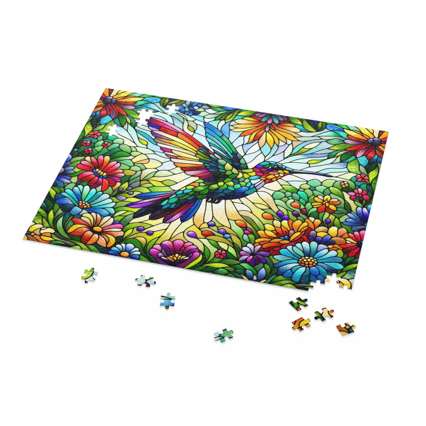 Stained Glass Spring Hummingbird Puzzle (120, 252, 500-Piece) Family Jigsaw Puzzle, Puzzle Box Gift