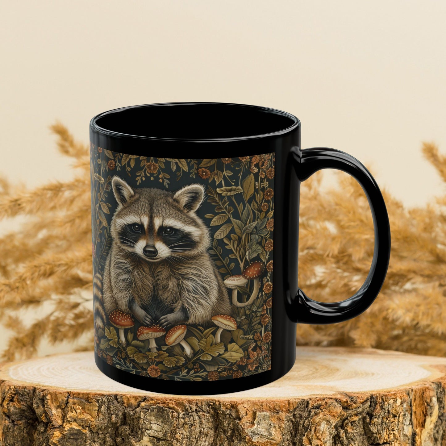 William Morris Inspired Raccoon Wild Mushroom Black Mug (10oz, 15oz)