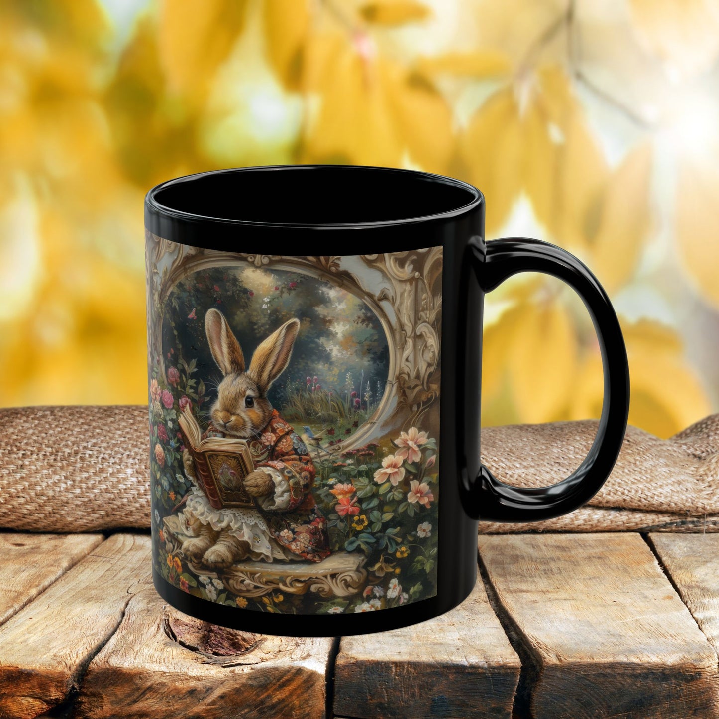 Whimsical Rabbit Black Mug, Easter Bunny Coffee Cup, Floral Decor Coffee Mug, Cute Animal Gift, Morning Tea Mug