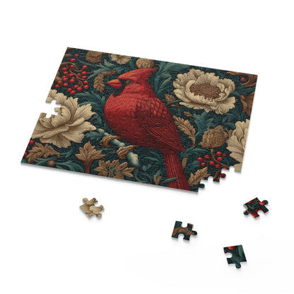 Red Cardinal Floral Puzzle, William Morris Inspired Botanical Jigsaw for Family