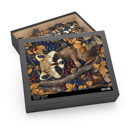 William Morris Inspired Raccoon Berries Jigsaw Puzzle Box | Cottage-core Art Nouveau Puzzle Box (120, 252, 500-Piece)