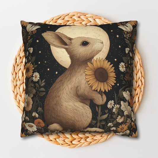 Moon Rabbit Pillow,case Woodland Bunny Cushion with Sunflowers & Starry Night Sky, Cozy Cottagecore Home Décor