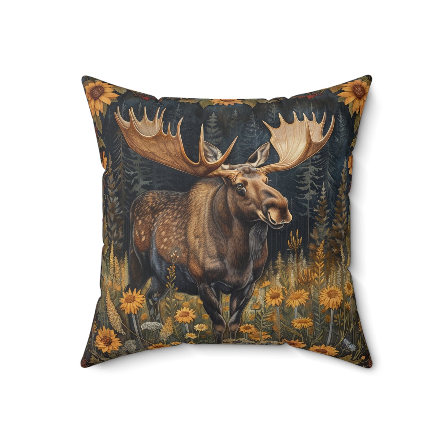 William Morris Inspired Rustic Moose Sunflower Pillow, Nature Lover Gift, Cabin Decor, Wildlife Home Accent, Cozy Living Room