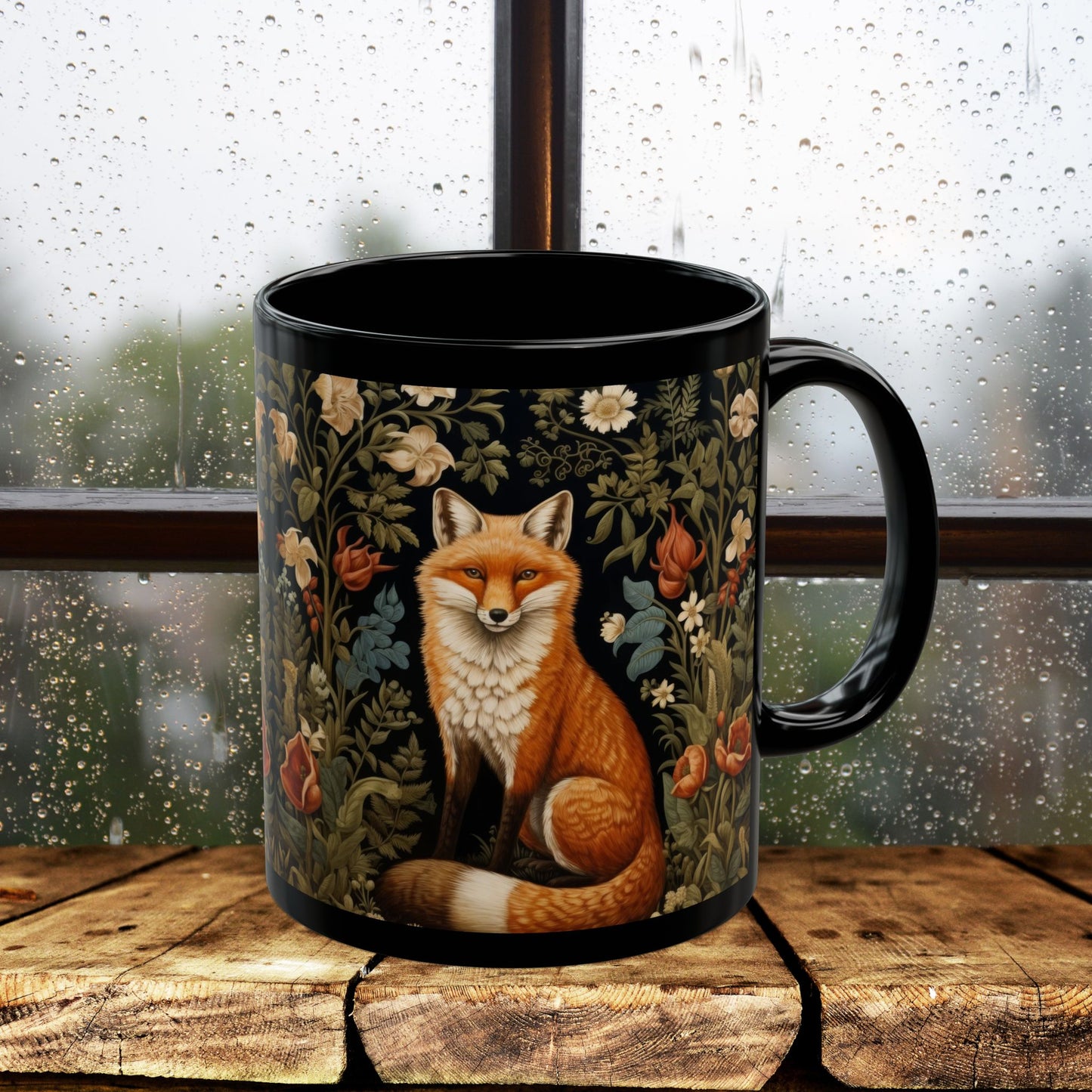 Botanical Floral Fox William Morris Inspired Black Mug (11oz ,15 oz), Gift for Nature Lovers, Coffee Tea Mug, Unique Kitchen Decor,