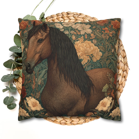 Majestic Horse Floral Pillow, William Morris Style Botanical Equestrian Cushion