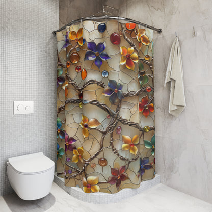 3D Stained Glass Colorful Jewelry Fall Flowers Polyester Shower Curtain