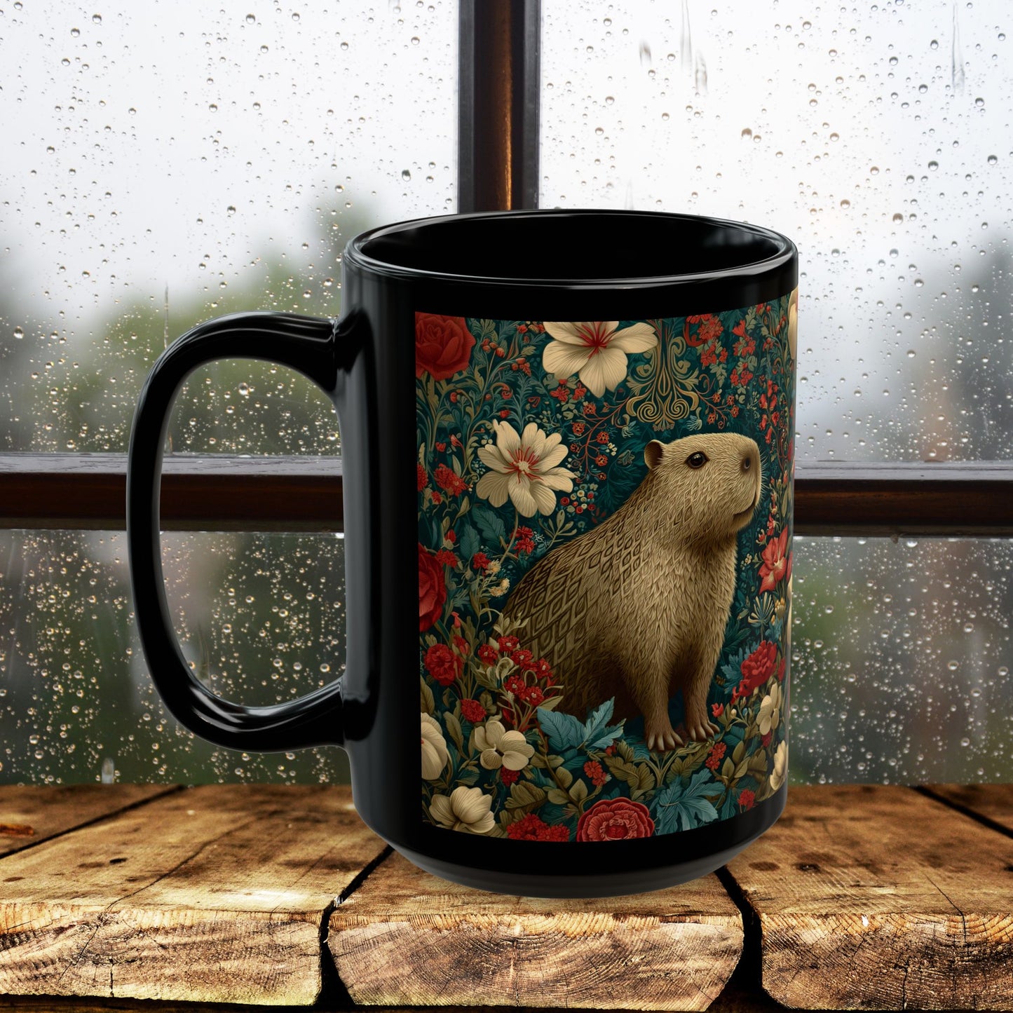 Floral Capybara Mug, Black Ceramic Woodland Coffee Cup 11oz & 15oz, Cute Nature Animal Art Gift with Vintage Botanical Flowers