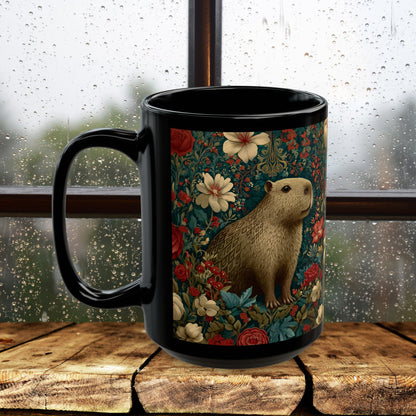 Floral Capybara Mug, Black Ceramic Woodland Coffee Cup 11oz & 15oz, Cute Nature Animal Art Gift with Vintage Botanical Flowers