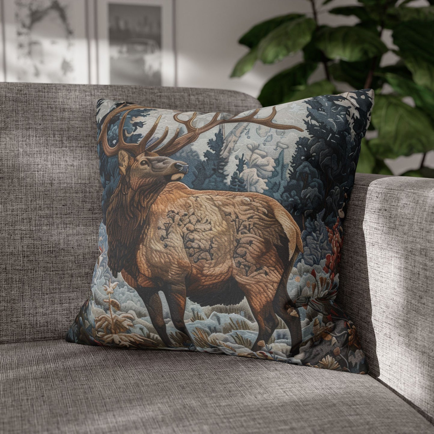 Art Nouveau Elk Frosted Pines Winter Blooms Pillowcase William Morris Inspired