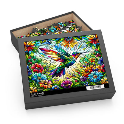 Stained Glass Spring Hummingbird Puzzle (120, 252, 500-Piece) Family Jigsaw Puzzle, Puzzle Box Gift