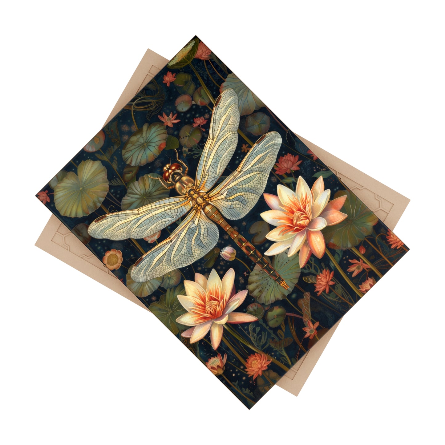Golden Dragonfly & Water Lily Ceramic Tile | Art Nouveau Botanical Night Art 6x8 Glossy Decor