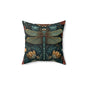 William Morris Inspired Dragonfly Pillow, Teal Botanical Art Nouveau Cushion, Elegant Floral Square Throw Pillow