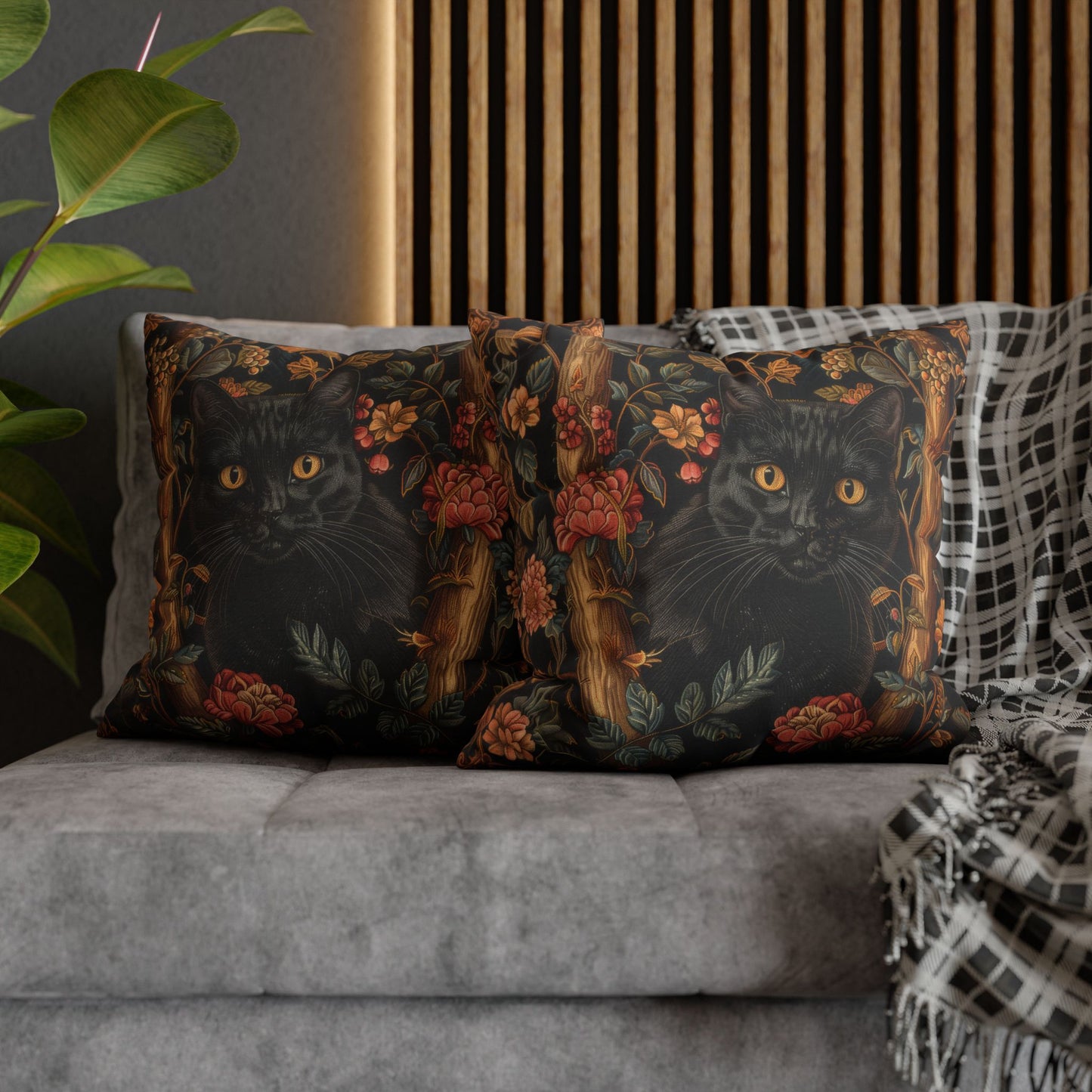 Black Cat Pillowcase Gothic Floral Cushion with Woodland Flowers, Mystical Feline Home Décor