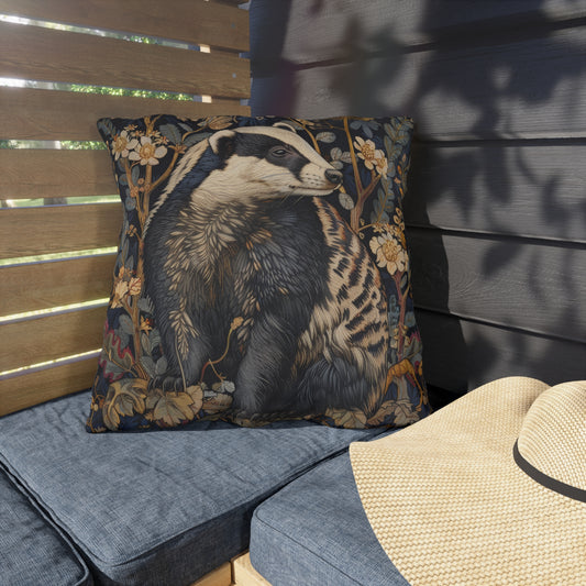 Woodland Badger Outdoor Pillow, Forest Animal Throw Pillow, Vintage Floral Cushion, Cottagecore Nature Decor, Rustic Patio Accent Pillow