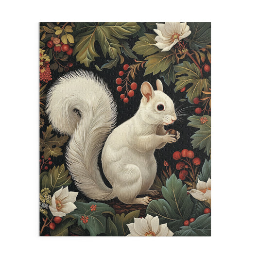 White Squirrel Puzzle, William Morris Inspired Woodland Cottagecore Jigsaw (120, 252, 500 Pieces)