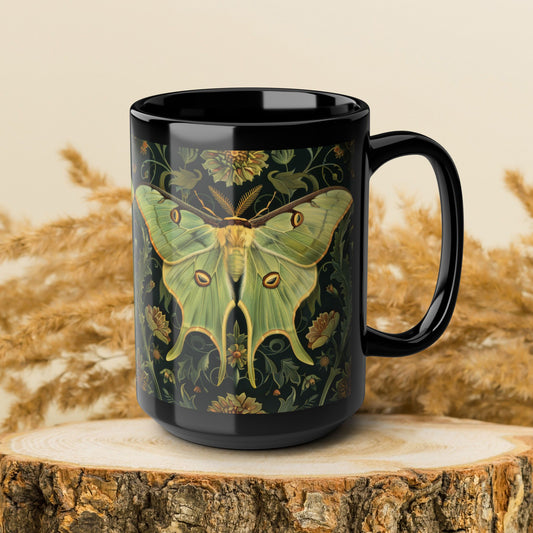 Woodland Luna Moth William Morris Inspired Black Coffee Mug For Her Him Ceramic Mug Black Mug 11oz, 15oz