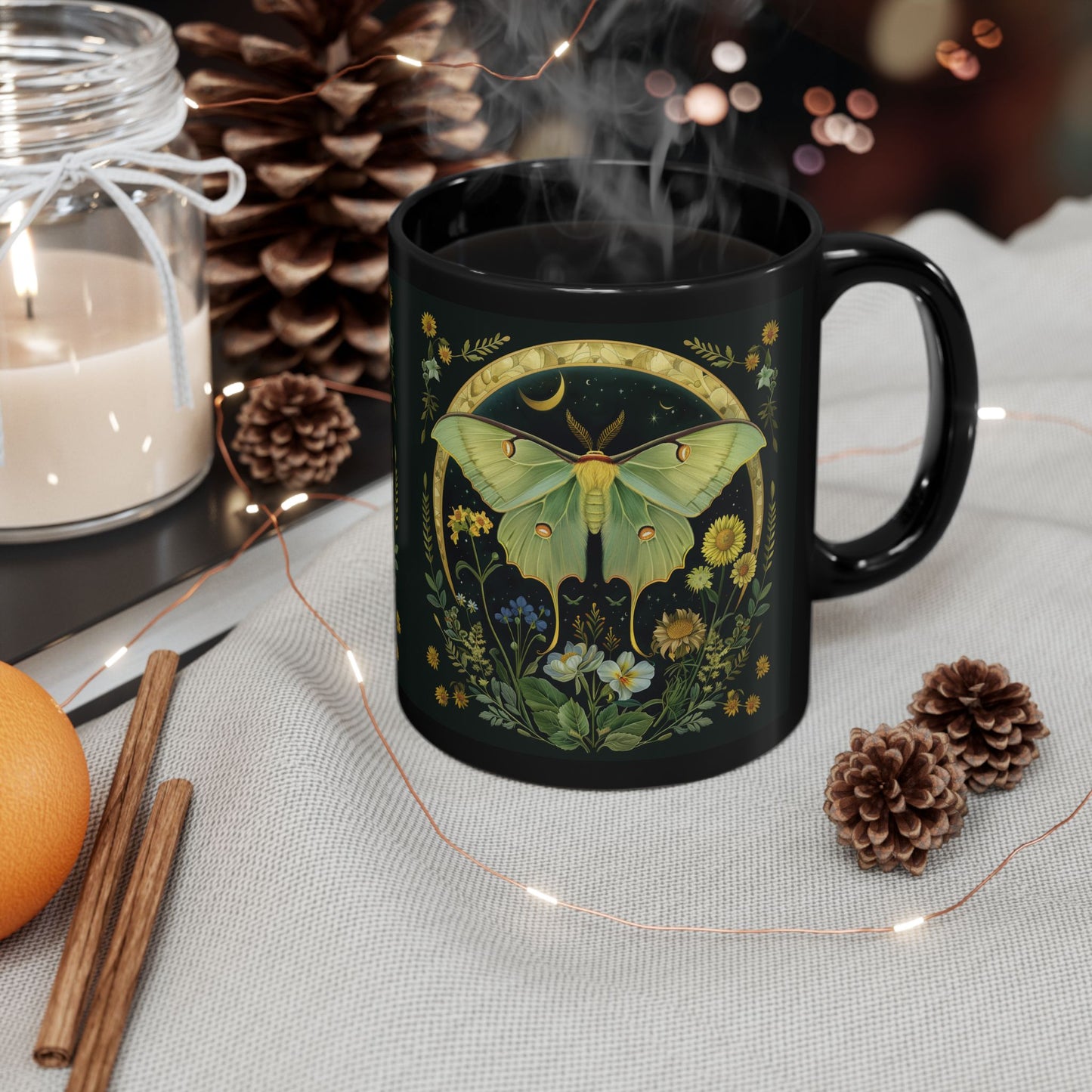 William Morris Inspired Luna Moth Crescent Moon Black Coffee Mug 11oz | Magical Luna Moth Ceramic Black Mug Gift