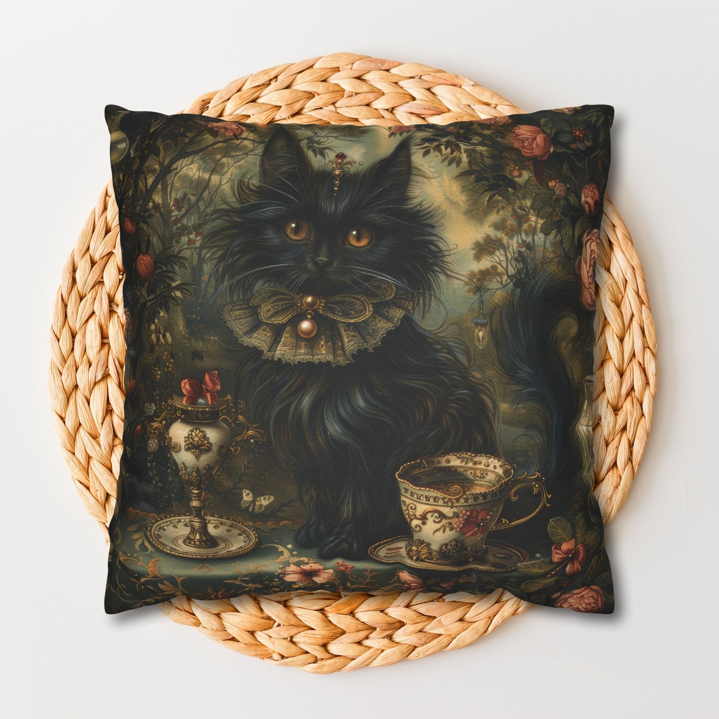 Mystical Cat Pillowcase, Halloween Home Decor, Black Cat Throw Pillow, Witchy Victorian Pillow, Gothic Decorative Pillow