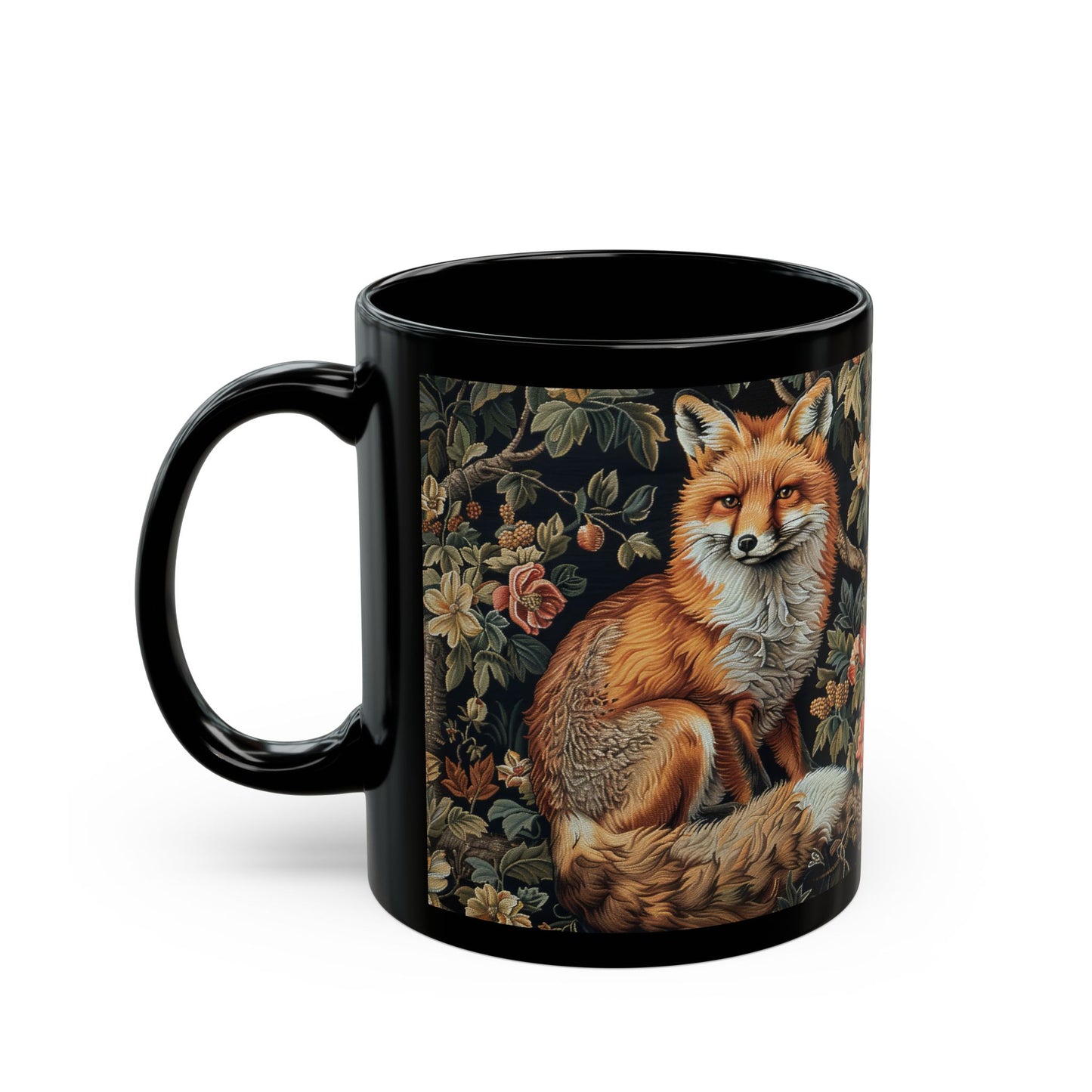 Forest Fox William Morris Inspired | Fox Ancient Black Coffee Mug For Her Him Ceramic Mug Black Mug 11oz, 15oz