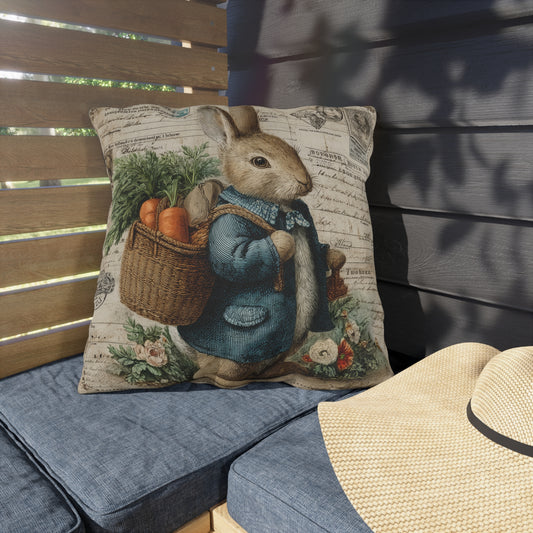 Vintage Bunny with Carrots Outdoor Pillow, Rabbit Throw Pillow, Cottagecore Bunny Cushion, Farmhouse Easter Decor, Rustic Garden Accent Pillow, Spring Gift
