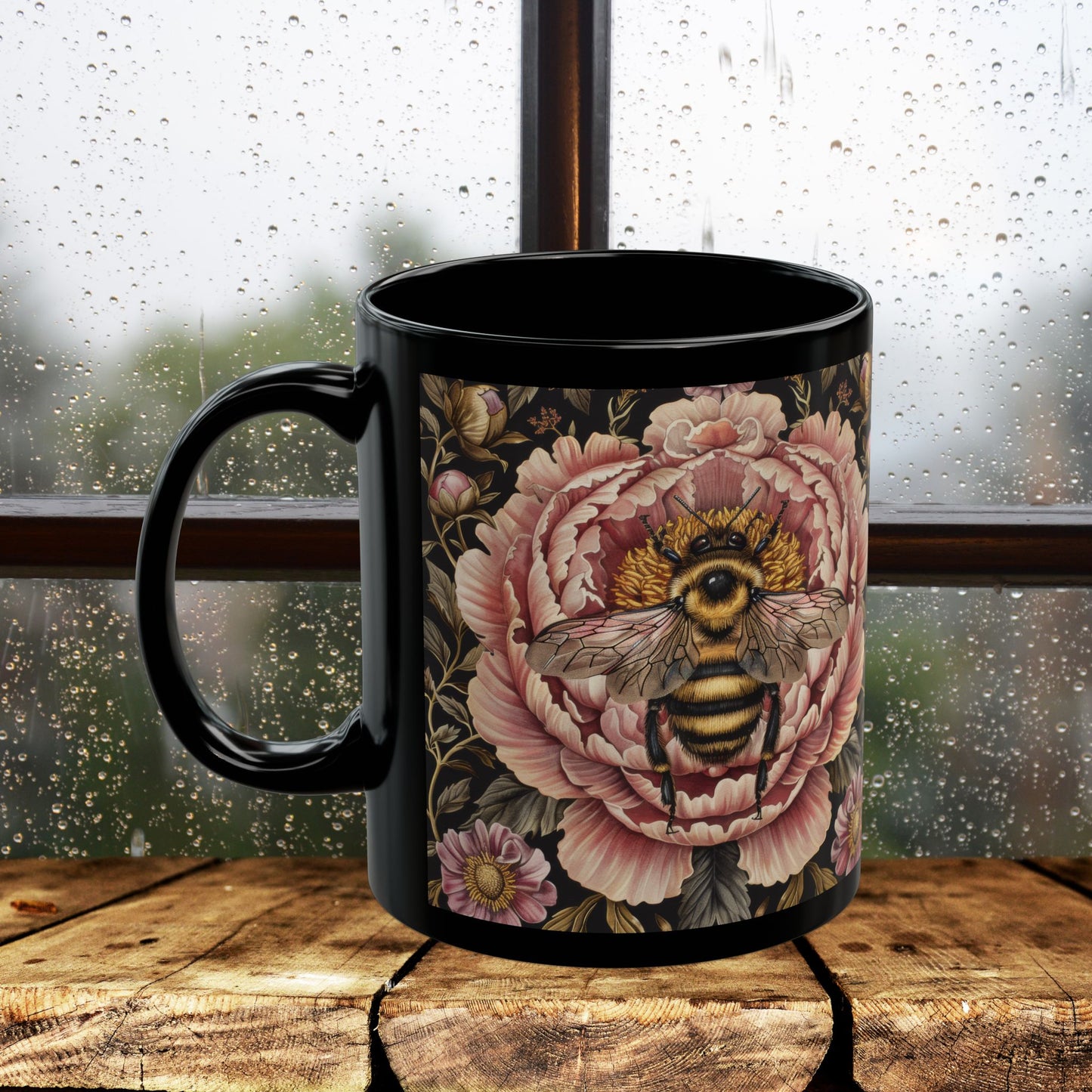 William Morris Inspired Bumblebee Pink Peony Black Coffee Mug For Her Him Ceramic Mug Black Mug 11oz, 15oz