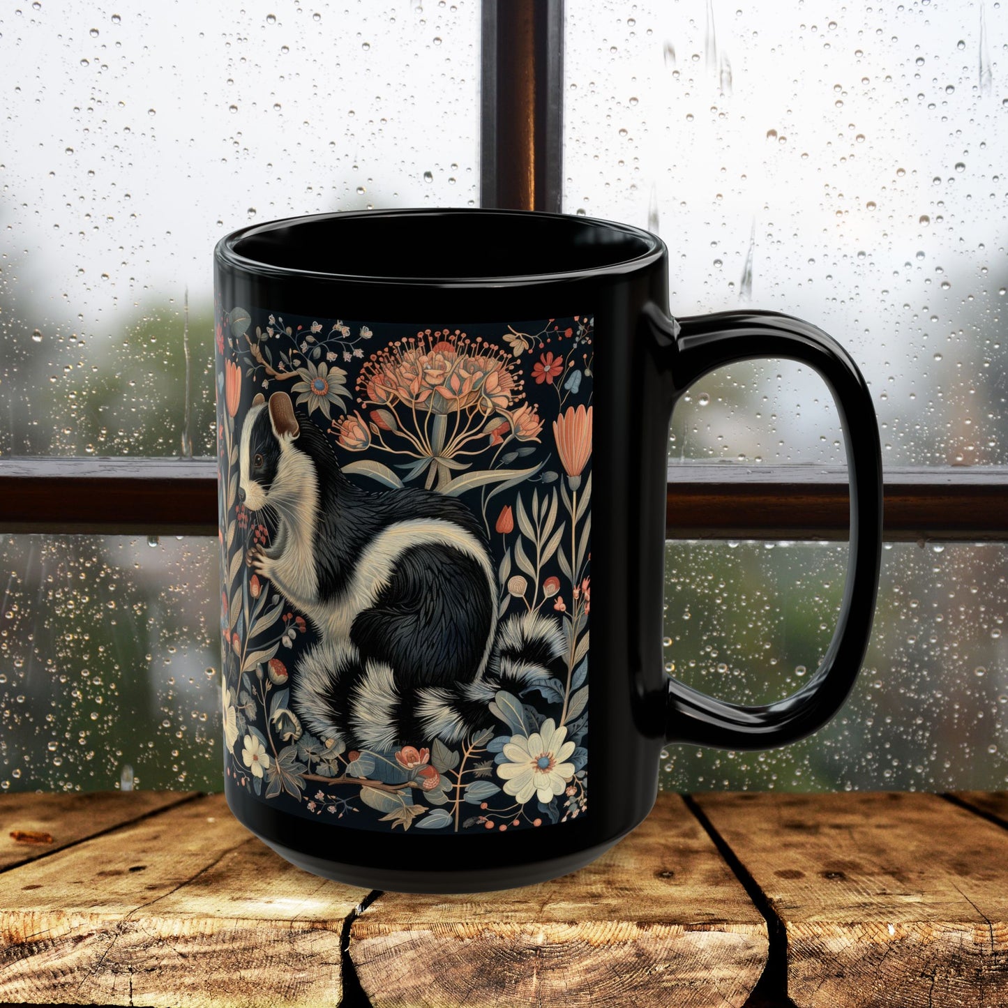 William Morris Inspired Floral Skunk Art Nouveau Coffee Mug For Her Him Ceramic Mug Black Mug 11oz, 15oz