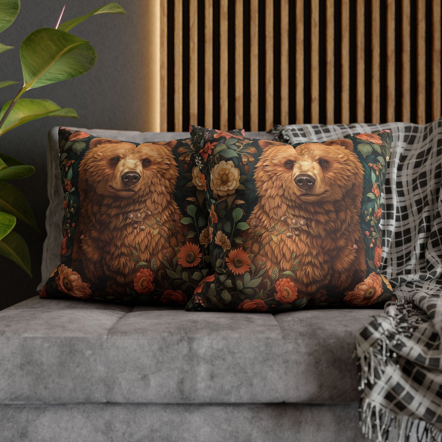 Floral Brown Bear Decorative Pillowcase, Woodland Rustic Throw Pillow Cover