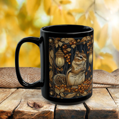 Mug - William Morris Inspired Chipmunk Among Acorn Lanterns Black Mug 11oz, 15oz