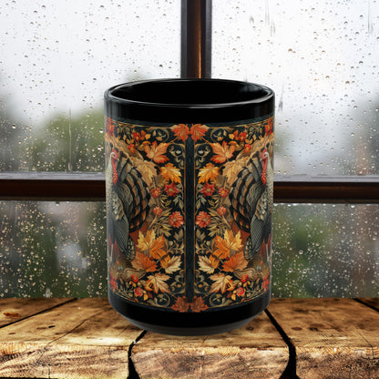 Fall Turkey William Morris Inspired Black Coffee Mug For Her Him Ceramic Mug Black Mug 11oz, 15oz