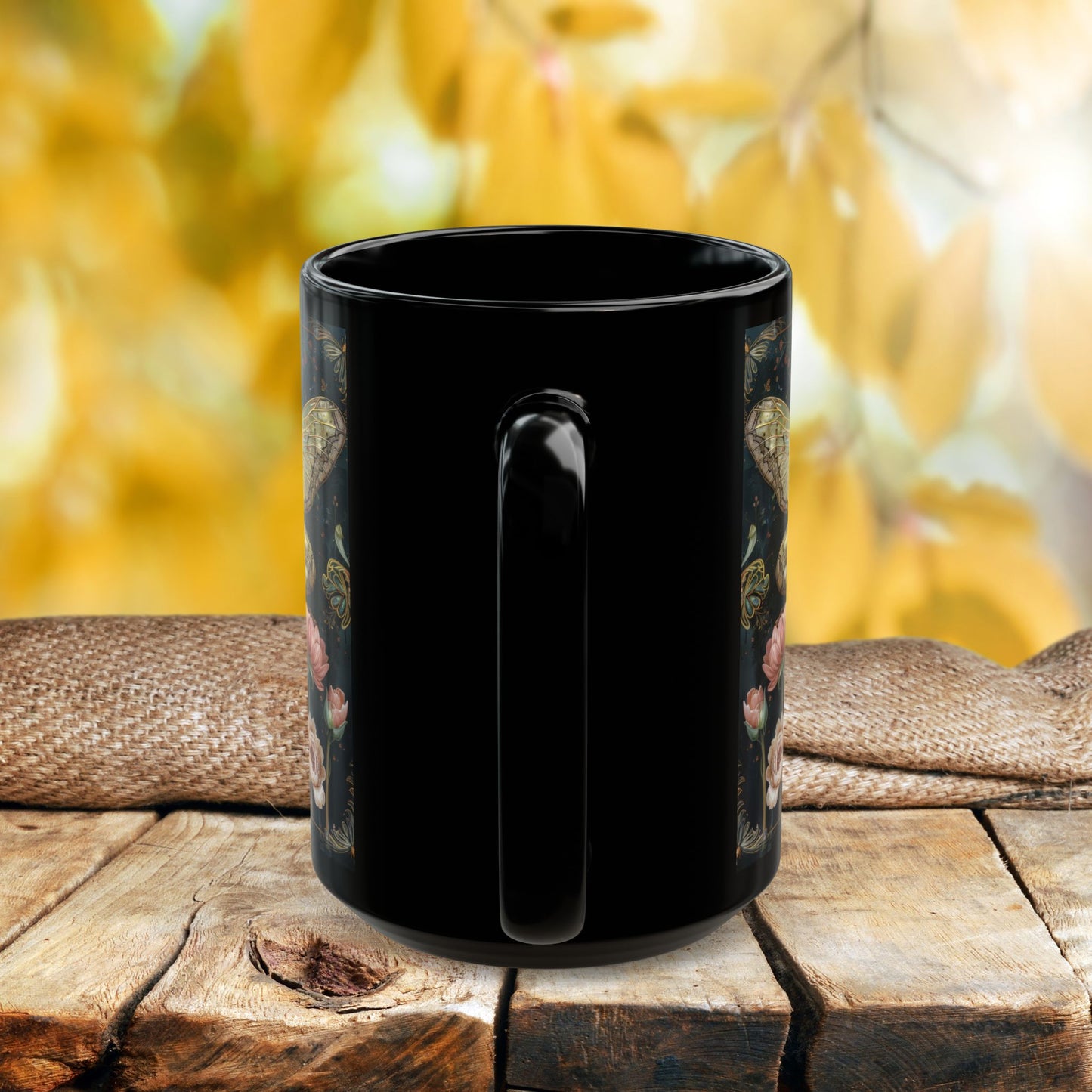 Victorian Dragonfly Coffee Mug, William Morris Inspired Pink Floral Black Ceramic Cup (11oz, 15oz)