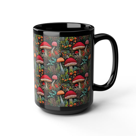 Red Mushrooms Embroidery Pattern Black Coffee Mug, Cottagecore Mushrooms Kitchenware Black Mug 11oz, 15oz ,