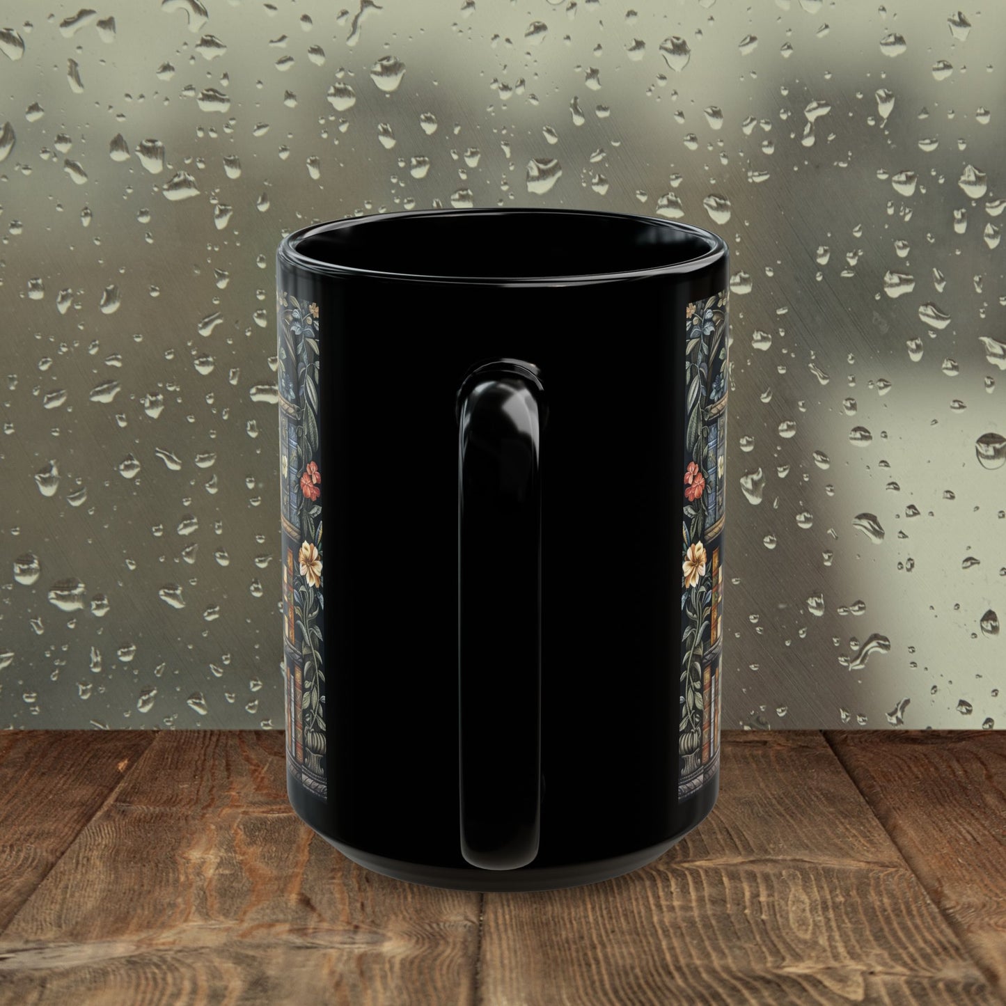 Vintage Bookshelf Mug, William Morris Style Library Black Ceramic Mug, Dark Academia Floral Book Lover Coffee Cup 11oz & 15oz