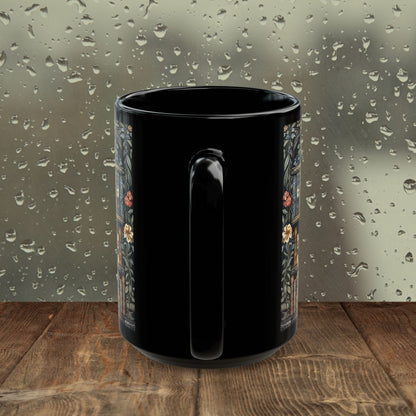 Vintage Bookshelf Mug, William Morris Style Library Black Ceramic Mug, Dark Academia Floral Book Lover Coffee Cup 11oz & 15oz