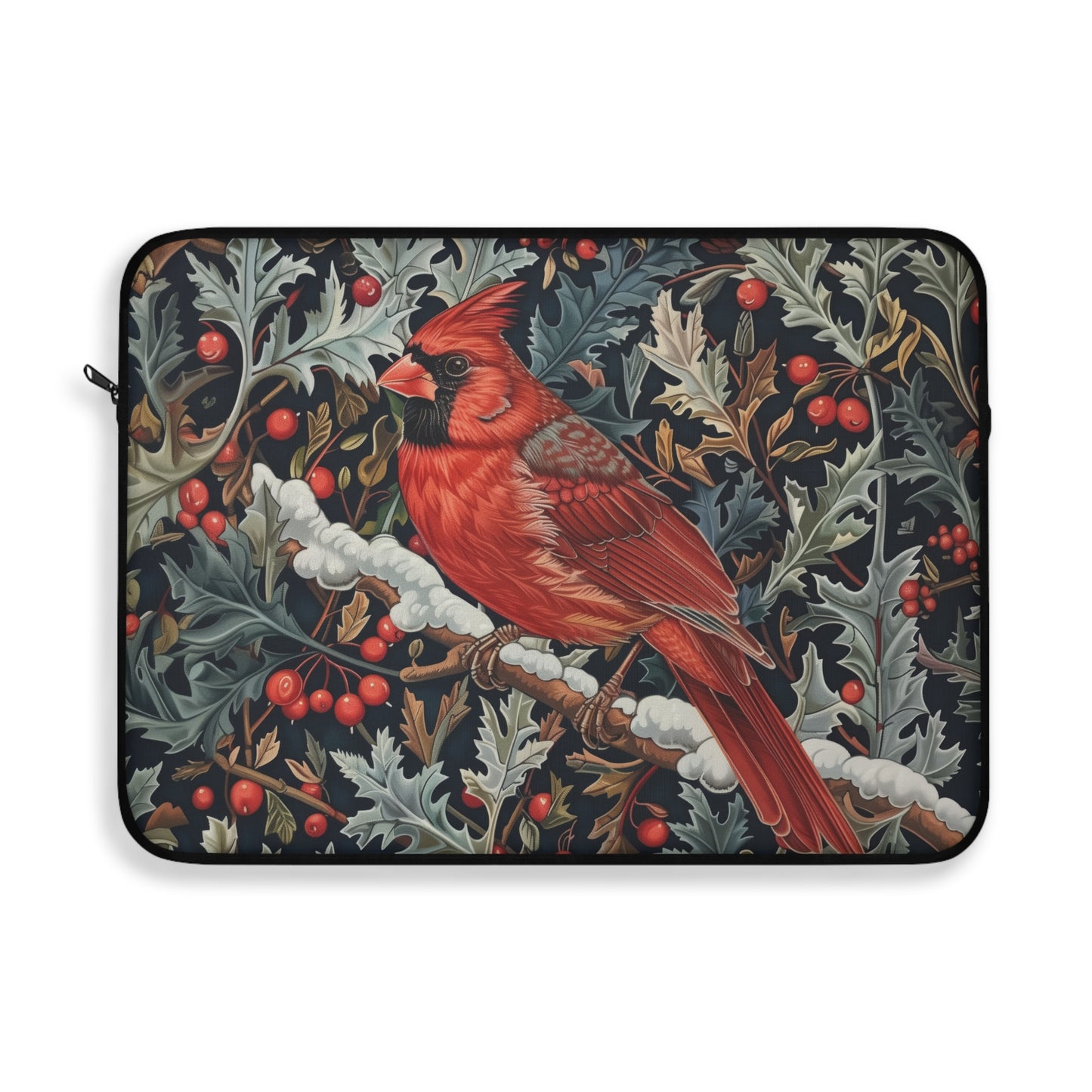 Cardinal Laptop Sleeve, William Morris Inspired Winter Bird Art Case, Red Cardinal Floral Laptop Cover