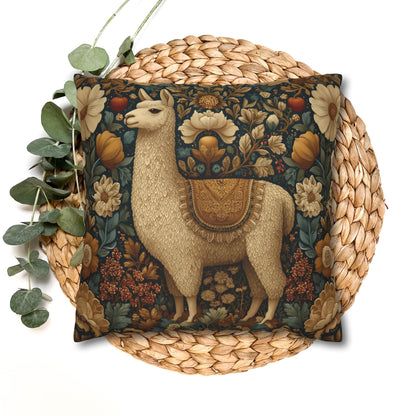 Golden Alpaca Floral Pillowcase, William Morris Style Botanical Animal Cushion Home Décor