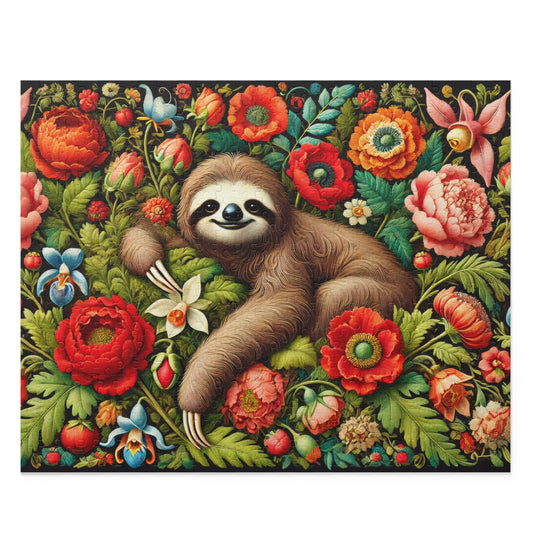 William Morris Inspired Cozy Sloth Floral Puzzle (120, 252, 500-Piece) Fun Family Activity, Nature Lover Gift, Perfect for Relaxation