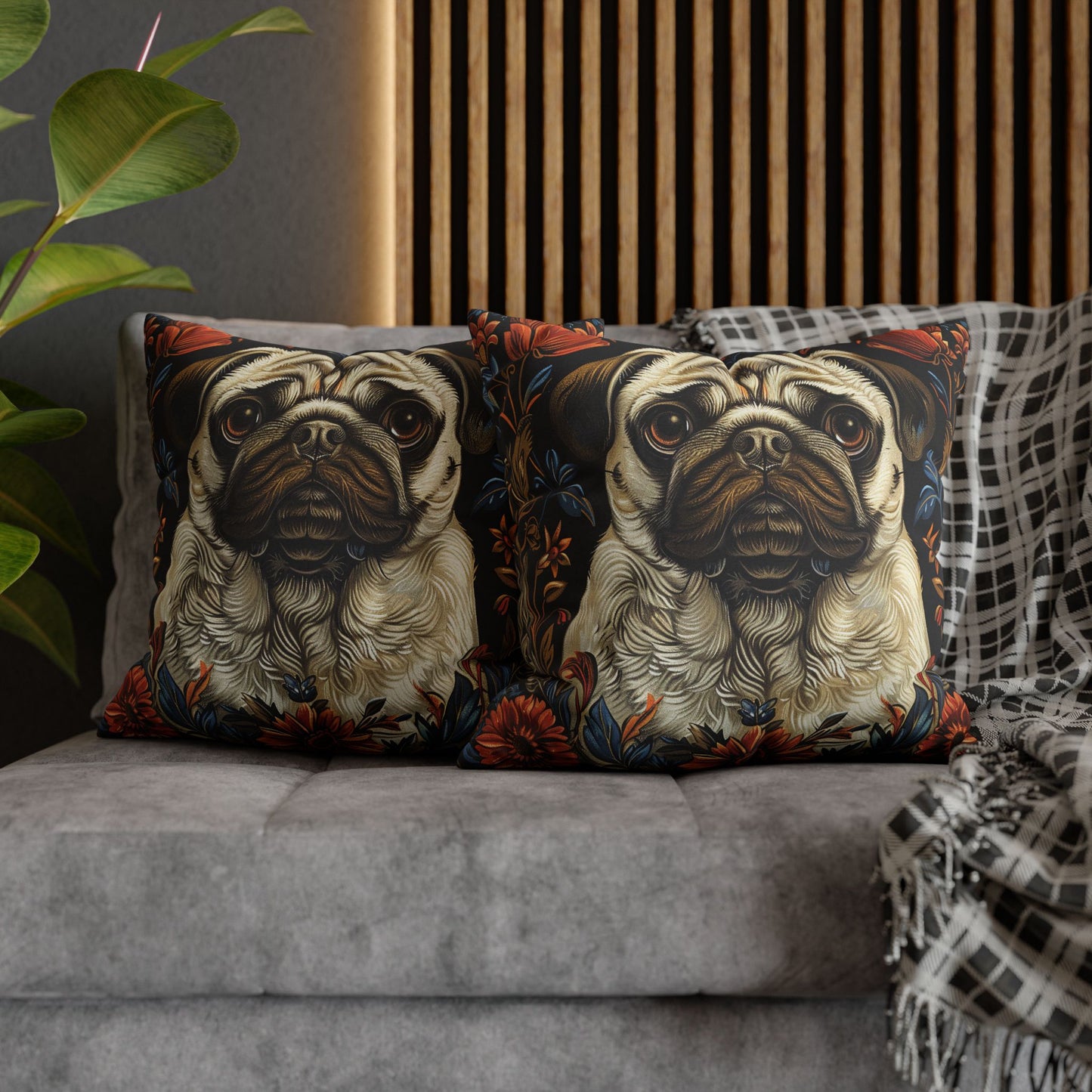 William Morris Inspired Pug Dog  Decorative Pug  Spun Polyester Square Pillowcase